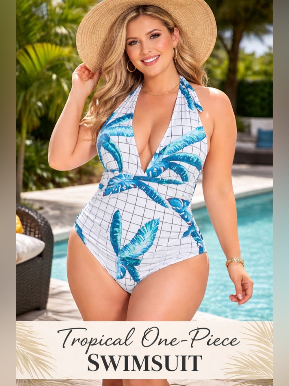 Tropical Halter One-Piece Swimsuit - Blue Leaf Print XL - Picture 2 of 4
